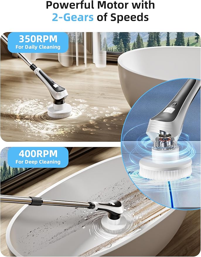 Electric Spin Scrubber,Cordless Shower Scrubber with Power Display Screen,IP68 Waterproof Bath Cleaning Brush,Adjustable Extension Handle & 2 Speeds,Electric Cleaning Brush for Bathroom,Kitchen,Tub