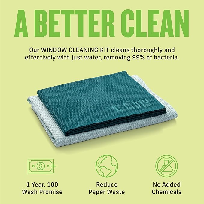 E-Cloth Microfiber Cleaning Cloth Glass Kit - Microfiber Towel Window Cleaning Kit - Microfiber Towels for Cars, Windows, Mirrors, & More - Winter Green