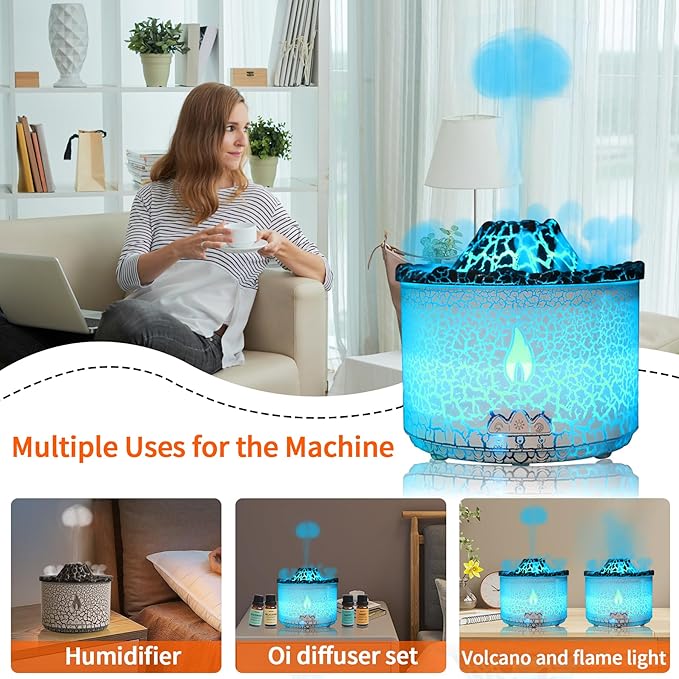 BOHOFAM Essential Oil Diffuser 360ML,Volcano and Flame Diffuser/Humidifier 2 Mode,Diffusers for Home with 7 Colorful Light,Included 4 Hotel Collection Diffuser Oil for Bedroom(White Translucent)
