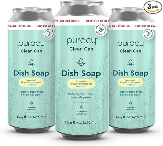 Puracy Natural Dish Soap Clean Can Refill Packs- Plant-Based Dishwashing Soap, Non-Toxic Dish Soap, Natural Liquid Dishwashing Detergent Soap As Seen on TikTok (Organic Lemongrass, 14.4 fl oz, 3 Pack)