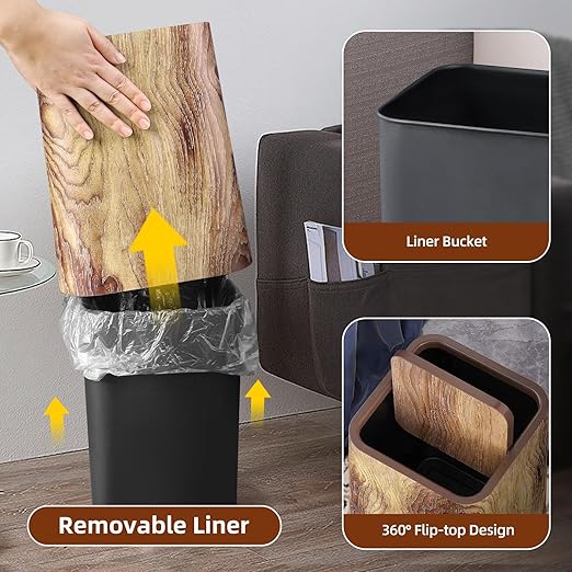 Wood Grain Plastic Trash Can Swing Top Lid, 4Gal/15L Farmhouse Wastebasket Bin Retro Style with Inner Bucket, Bathroom Trash Can Hidden Bag for Room Aesthetic, Square Brown Garbage Can 2pack