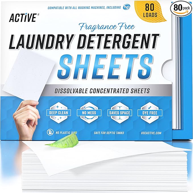 ACTIVE Laundry Detergent Sheets Eco Washing Strips - 80 Loads, Free & Clear Liquidless Clothes Washer Sheet, Zero Waste Travel Laundry Strip, Dissolvable Space Saving Sheets For HE - Fragrance Free