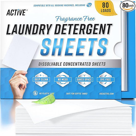ACTIVE Laundry Detergent Sheets Eco Washing Strips - 80 Loads, Free & Clear Liquidless Clothes Washer Sheet, Zero Waste Travel Laundry Strip, Dissolvable Space Saving Sheets For HE - Fragrance Free