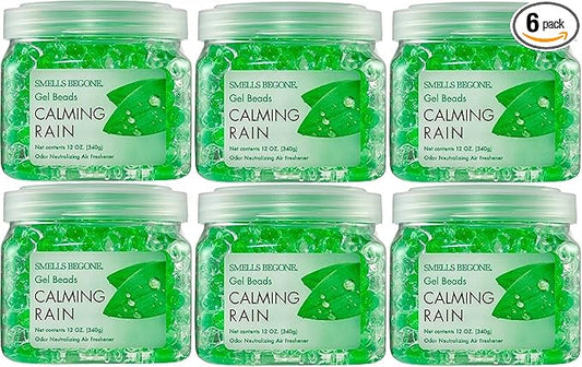 SMELLS BEGONE Odor Eliminator Gel Beads - 12 oz, Pack of 6 - Eliminates Odor in Bathrooms, Cars, Boats, RVs & Pet Areas - Air Freshener - Made with Essential Oils - Calming Rain Scent
