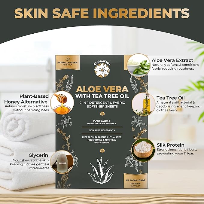 Natural Laundry Detergent & Fabric Softener Sheets | Fragrance-Free & Hypoallergenic | Aloe Vera & Pure Tea Tree Oil | Plant-Based, Biodegradable, Enzyme Powered, Baby-Safe, Eco-Friendly (50 Sheets)