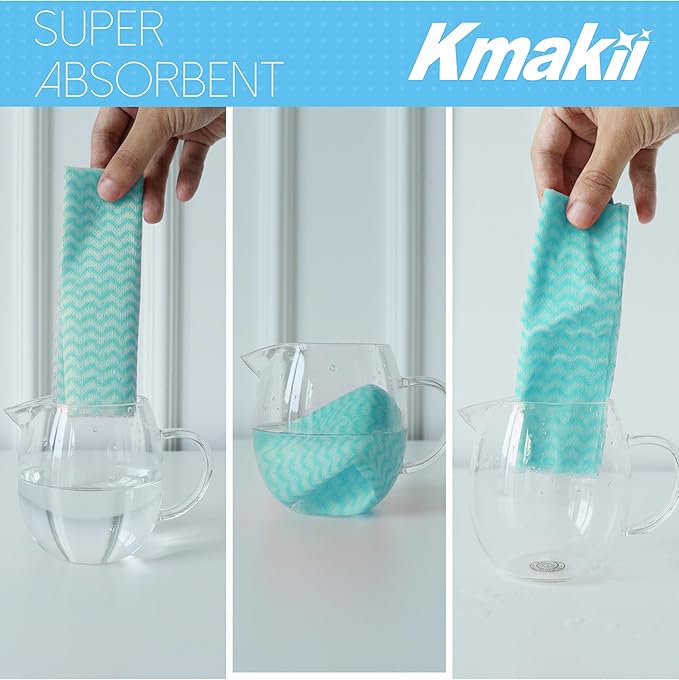 KMAKII Reusable Heavy Duty Cleaning Cloths – Multi-Purpose Dish Towels & Wipes for Kitchen & Home, Super Absorbent, 12 x 12 in (30 x 30 cm), Green, 50 Pack