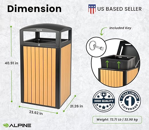 Alpine 40 Gallon Commercial Outdoor Trash Can with Lid - Modern Heavy Duty Large Outdoor Garbage Can with Durable Plastic Bin, Slatted Recycled Plastic Panels for Patio, Parks, Trails & Resorts (CD)