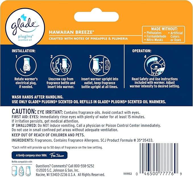 Glade PlugIns Refills Air Freshener, Scented and Essential Oils for Home and Bathroom, Hawaiian Breeze, 3.35 Fl Oz, 5 Count