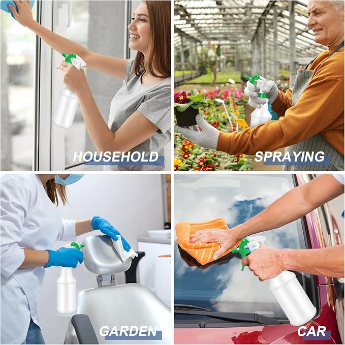 Zubebe 24 Pack 32 oz Plastic Spray Bottle Bulk Empty Leakproof Heavy Duty Spray Bottles for Cleaning Supplies Mist Bottles with Label and Adjustable Nozzle for Plant(Green,Clear Scale)