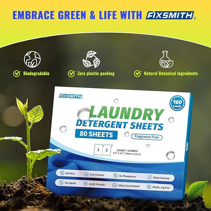 FIXSMITH Laundry Detergent Sheets - 160 Loads (80 Sheets) Fragrance Free - Hypoallergenic,Unscented,Eco Friendly Laundry Detergent Strips Concentrated Travel Detergent Sheets.Plastic-Free,Liquidless