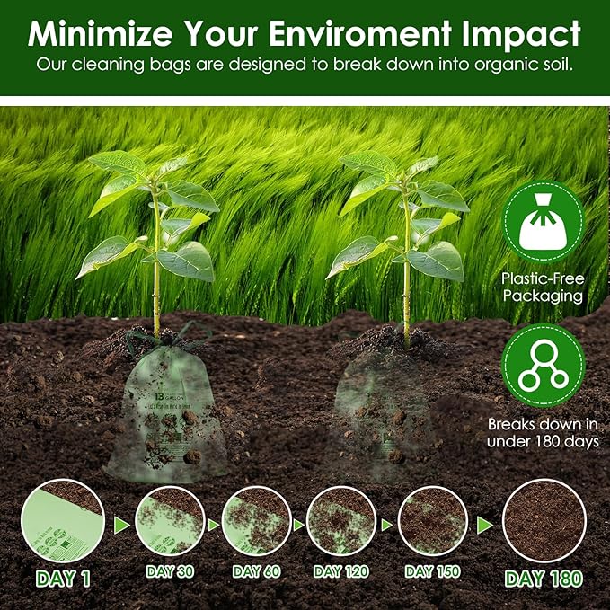 10-13 Gallon Compostable Trash Bags with Drawstring, Heavy Duty Extra Thick 1 Mil, 49.21 Liter, Tear Resistant & Odorless Kitchen Food Scrap Waste Bag, US BPI and OK Compost Home Certified (30 Count)