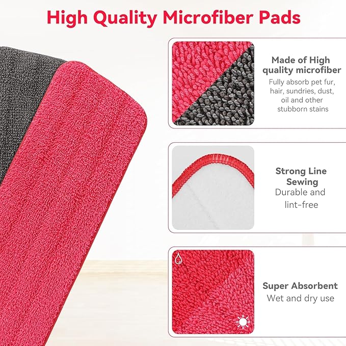 16.5 inch Microfiber Mop Pads for Rubbermaid Reveal Spray Mop and Any 16.5" Flat Mop - 6 Pack 13''-15'' Spray Mop Pad Reusable Washable Replacement Refills - Red & Grey