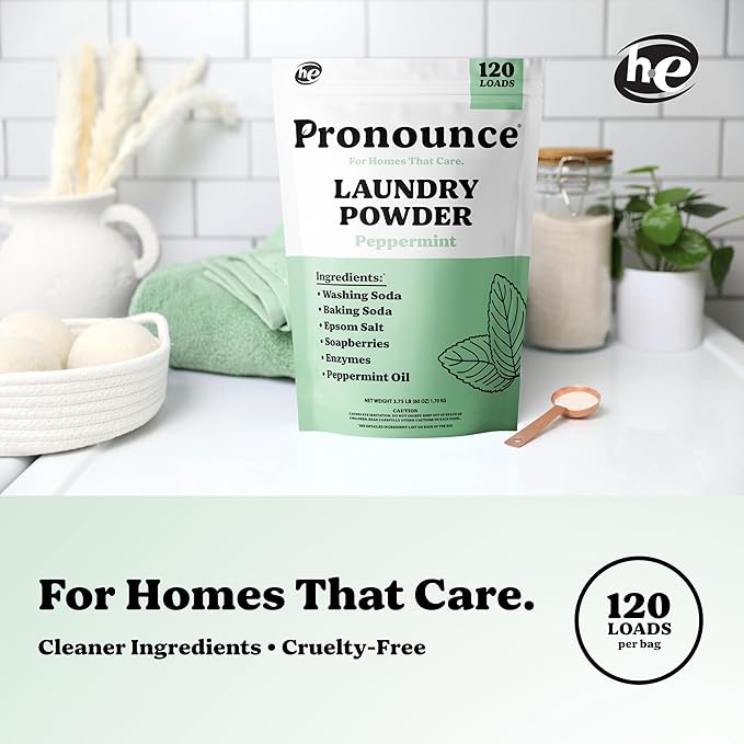 Pronounce Laundry Detergent Powder Alternative | Non-Toxic, Eco-Friendly, Natural for Sensitive Skin, Eczema, and Babies. Stain + Smell Fighting. HE Safe (Peppermint, 120 Loads)