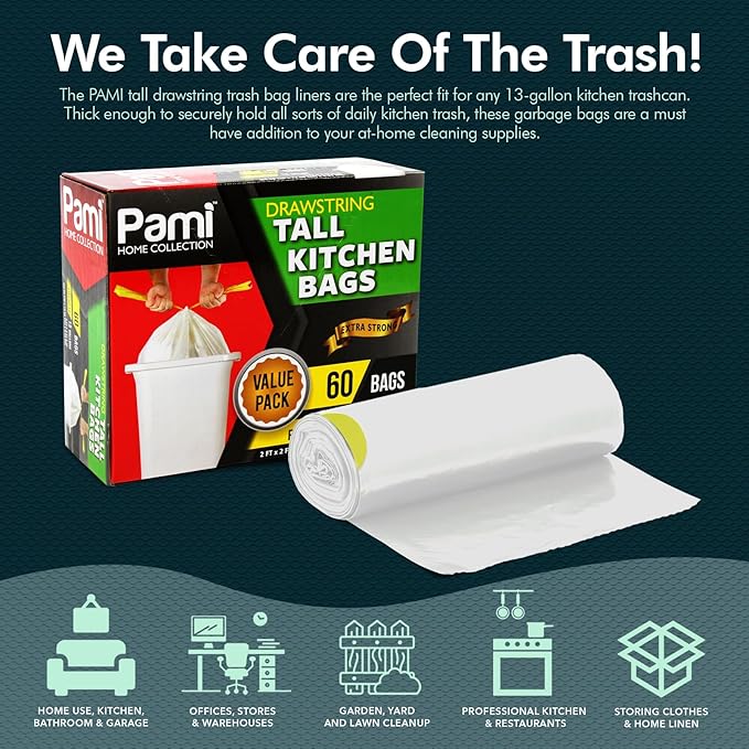 PAMI Tall 13-Gallon Kitchen Drawstring Trash Bags [60 Pack - White]- Extra-Strong Plastic Garbage Bags- Thick Trash Can Liners For Kitchen, Bathroom & Outdoor Bins- 2ft x2ft Unscented Trash Bags