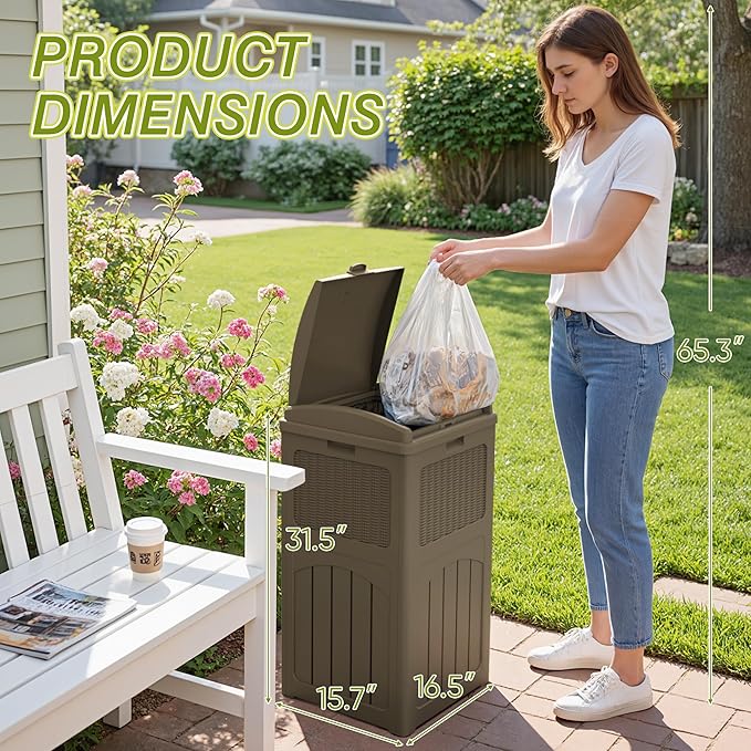 Greesum 33 Gallon Outdoor Trash Can with Lid (2-Pack), Heavy Duty Resin Garbage Bin, Waterproof & UV Resistant for Patio, Garden, Deck, Yard, Light Coffee
