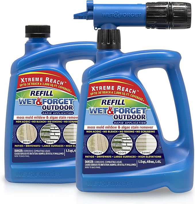 Wet & Forget Outdoor Stain Remover Multi-Surface Cleaner, Xtreme Reach Hose End with New & Improved Nozzle, 48 Fluid Ounces, 1 Pack + Refill