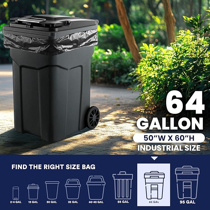 Plasticplace Black Trash Bags (50 Count) – Heavy Duty 64-65 Gallon Garbage Bags, Puncture Resistant, Large Trash Can Liners, Ideal for Toter Cans, Kitchen & Outdoor Use, 50" x 60" 1.5 Mil