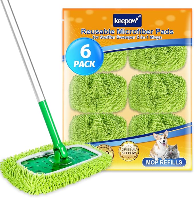 KEEPOW Dry Sweeping/Wet Mopping Cloths for Swiffer Sweeper, Reusable & Washable Microfiber Mop Pads Refills for Hard-Surface/Hardwood Floor Cleaning, 6 Pack (Mop is Not Included)