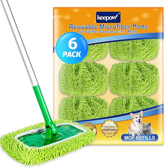 KEEPOW Dry Sweeping/Wet Mopping Cloths for Swiffer Sweeper, Reusable & Washable Microfiber Mop Pads Refills for Hard-Surface/Hardwood Floor Cleaning, 6 Pack (Mop is Not Included)