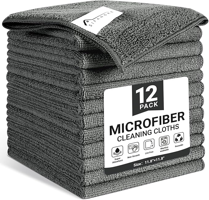 Microfiber Cleaning Cloth, 12 Pack Grey Cleaning Rags for Housekeeping, Reusable Microfiber Towels for Car, Kitchen, Bathroom and Household Cleaning Supplies, 11.8"X11.8"