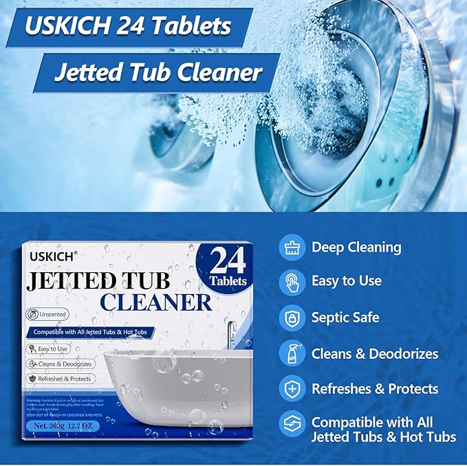 Jetted Tub Cleaner Bathtub Tabs - 24 Pack Jet Tub Cleaning Tablets,Jet Tub Cleaner for Bathtub Compatible with Spa Bath & Whirlpool,Septic Safe Bath Jet Scale and Residue Remover-2 Year Supply