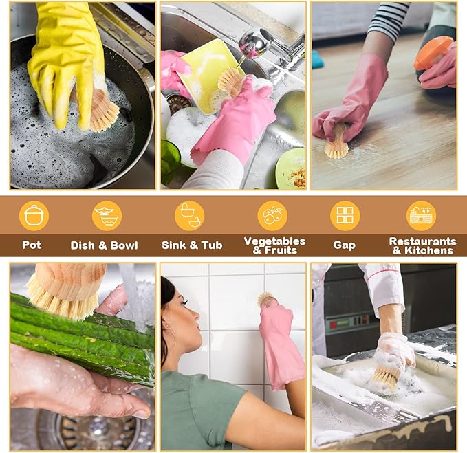 Nuenen 60 Packs Bamboo Dish Scrub Brushes Wooden Scrubbers Set Kitchen Dishwashing Scrubber with Natural Sisal Bristles for Iron Pot Pan Sink