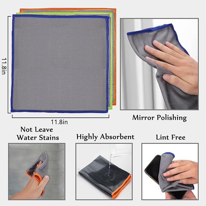 XANGNIER Microfiber Glass Cleaning Cloths,3 Pack Streak Free Miracle Cleaning Cloth,Reusable Lint Free Cleaner Towels for Kitchen,Windows,Mirror,Glasses,Car Windshields,Stainless Steel,11.8"×11.8"