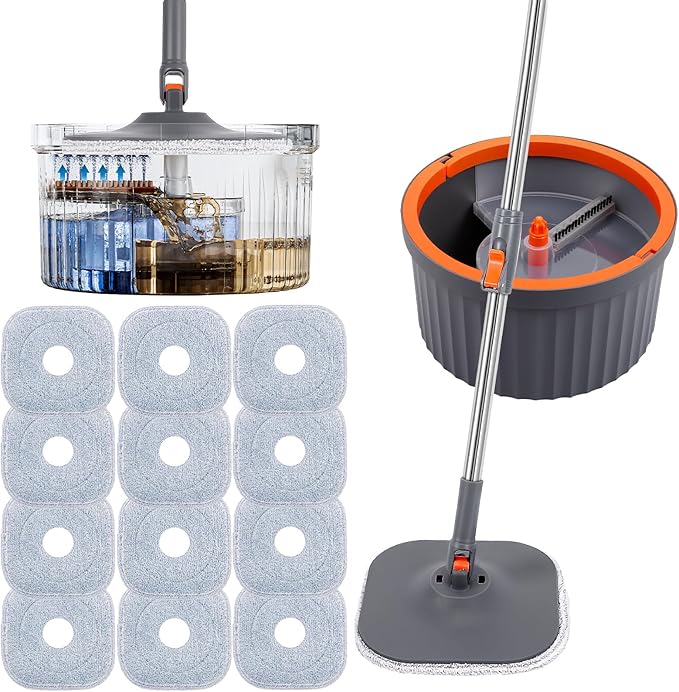 Chabatree Mop and Bucket Set，Spin Mop and Bucket Set with Separate Dirty and Clean Water，12 Replaceable Mop Pads，Deep-Cleaning Mops for Floors, Versatile Mops for Walls