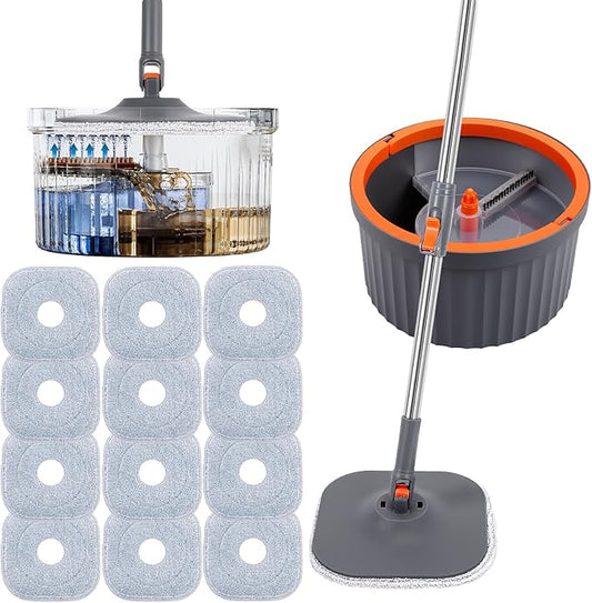Chabatree Mop and Bucket Set，Spin Mop and Bucket Set with Separate Dirty and Clean Water，12 Replaceable Mop Pads，Deep-Cleaning Mops for Floors, Versatile Mops for Walls
