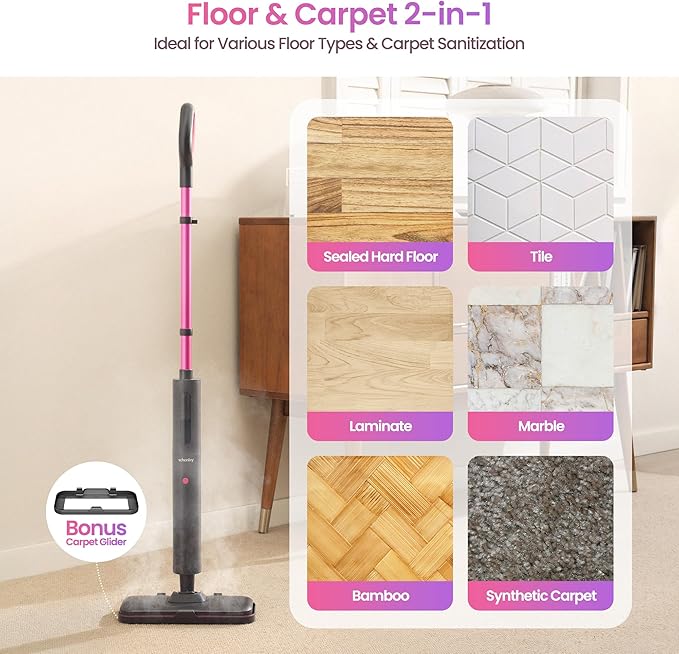 Schenley Steam Mop Cleaner Powerful - 15s Fast Heat-Up, Chemical-Free for Hardwood/Tile/Laminate & Floors/Walls, Washable Pads, 3 Modes for Carpet, Lightweight, Self-Standing, Sleek Design