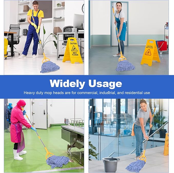 4 Pack Mop Head Heavy Duty Commercial Replacement, Wet Industrial Blue Cotton Looped End String Head Refill for General and Floor Cleaning Mop Replacement