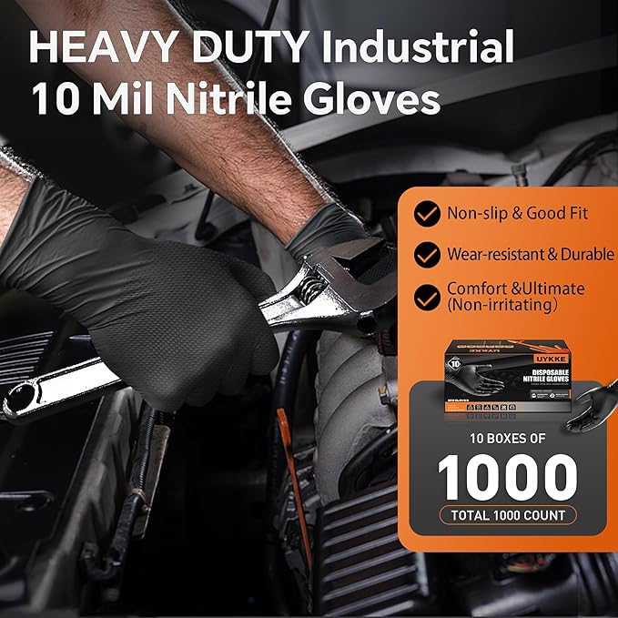 HEAVY DUTY 10 Mil Nitrile Gloves Disposable Mechanic Rubber Gloves Industrial with Raised Diamond Texture,Latex Free