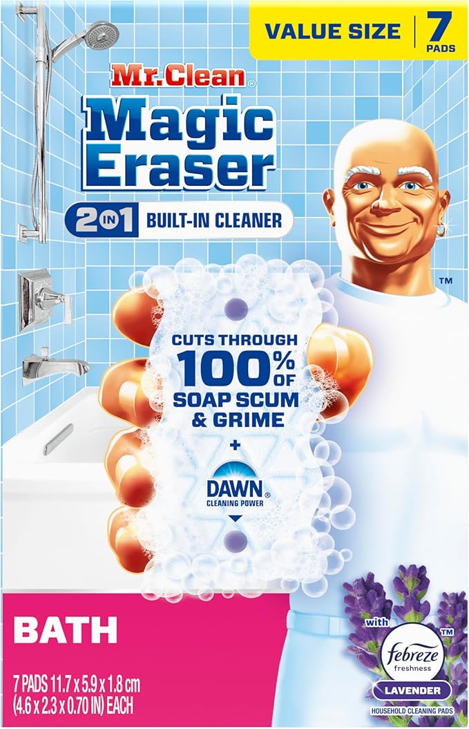 Mr. Clean Magic Eraser Sponge, Bathroom Cleaner, Soap Scum Shower & Tub Cleaner, 2 in 1 Bath, 7ct