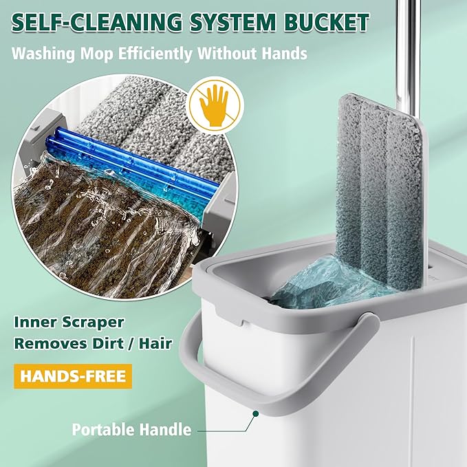 Mop and Bucket with Wringer Set, Hands Free Flat Floor Mop and Bucket, 3 Washable Microfiber Pads Included, Wet and Dry Use, Home Floor Cleaning System for All Floor Types and Windows