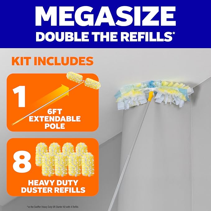 Swiffer Duster Kit with 6 ft Super Extendable Handle, Heavy Duty Starter Kit with 8 Refills
