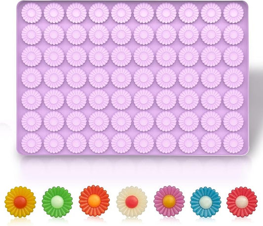 Silicone Daisy Flower Candy Molds, 70 Cavities, Purple Chocolate Silicone Molds DIY Gummy Bear Molds with Scraper