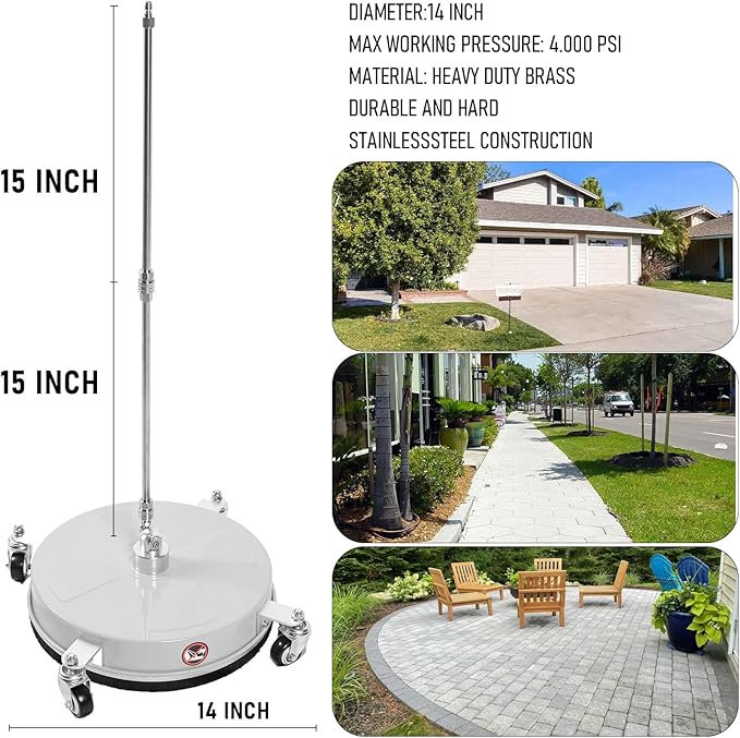 14" Pressure Washer Surface Cleaner with 4 Wheels, Stainless Steel Power Washer Surface Cleaner for Driveways Sidewalks Patios, 1/4" Quick Connector, 2 Extension Wand, 4000 PSI