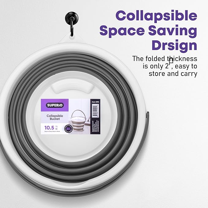 Superio Collapsible Bucket 2 Gallon Bucket with Handle Grey Car Wash Bucket Small Foldable Silicone Pail for Camping, Fishing, Cleaning, Mopping, 10 Liter