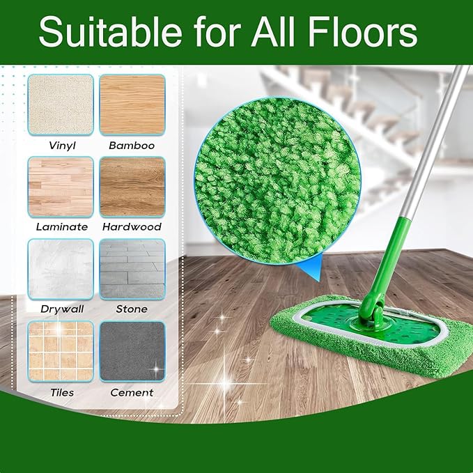 Reusable Microfiber Mop Pads Washable Wet & Dry Sweeping Cloths Mop Head Replacement for Household Cleaning (Green, 10PCS) Compatible with Swiffer Sweeper Refills