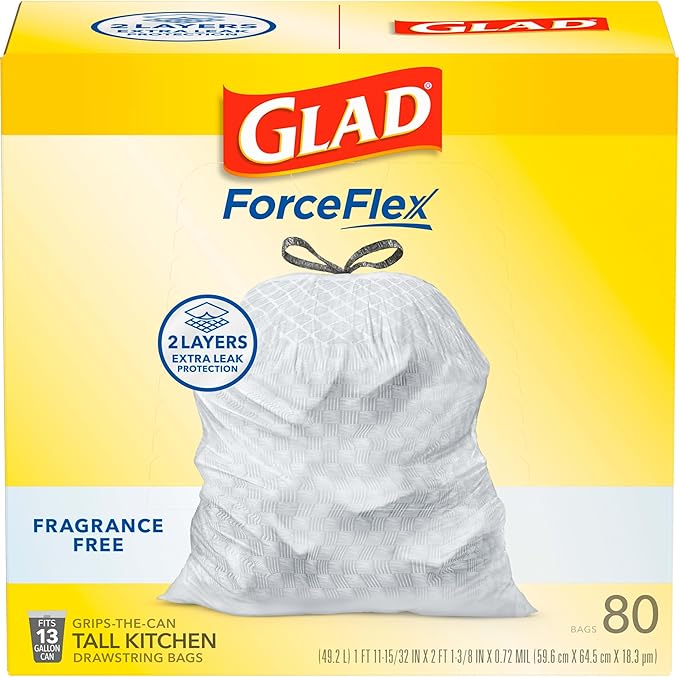Glad ForceFlex Tall Kitchen Drawstring Trash Bags, 13 Gal, Fragrance Free, 80 Ct (Package May Vary)