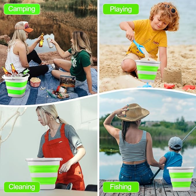 2 Pack 2.6 Gallon(10L) Collapsible Plastic Buckets with Handle Compact Cleaning Square Storage Bucket Portable Water Tub Outdoor Water Pail for Garden Hiking Fishing Camping (Green)