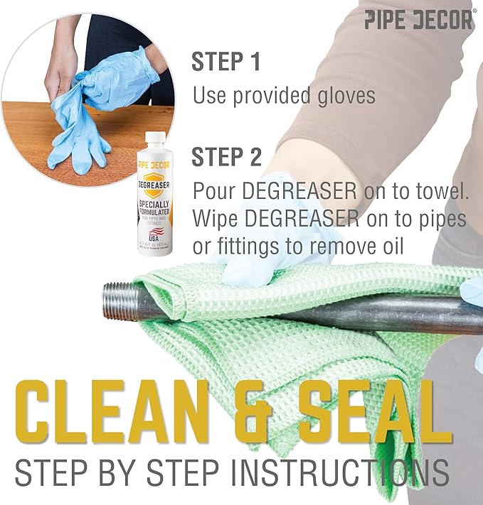 PIPE DÉCOR Degreaser Kit Cleans and Protects Pipe Décor Kits and Projects Includes 16 oz Degreaser, 4 oz Sealer, Rag for Degreaser, Applicator Brush for Sealer