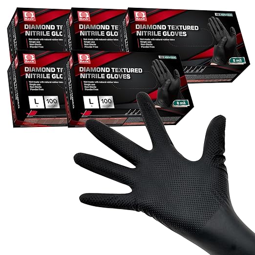 Jointown Basic Heavy Duty Nitrile Gloves, Mechanic Gloves 8 Mil Nitrile Disposable, with Raised Diamond Texture, Case of 500, Black, Large