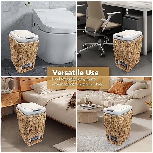Slim Bathroom Trash Can with Lid, 3 Gallon Small Trash Garbage Can Narrow Rubbish Waste Bin Basket with Press Top Step On Wicker Slim Wastebasket Wastepaper Basket for Bath Bedroom Office