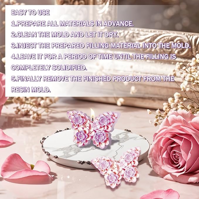 2Pcs Flower Butterfly Silicone Molds, 3D Floral Butterfly Candle Molds Epoxy Resin Molds for Candle Making, Silicone Mold for DIY Scented Candles Polymer Clay Craft