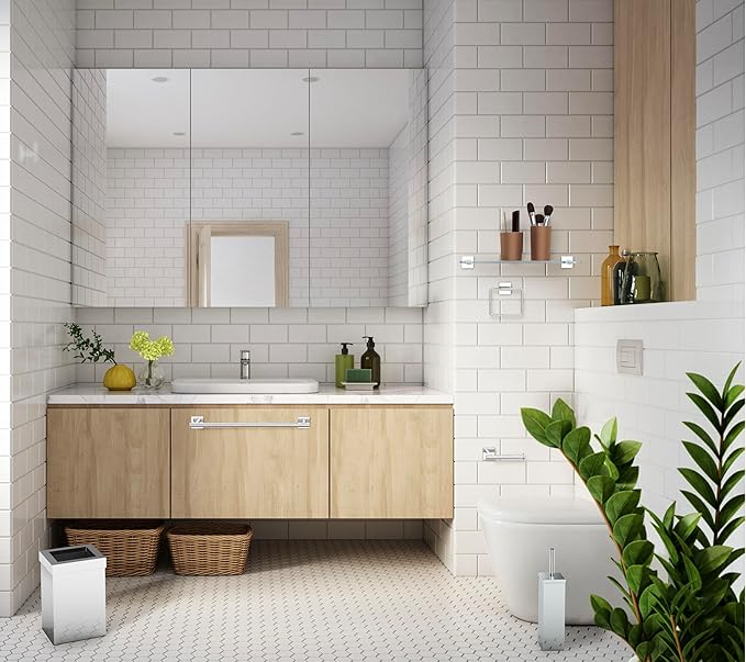 Gatco Modern Square Waste Basket and Toilet Brush Set, Chrome - Stainless Steel Trash Can with Removable Lid, Leakproof, 3 Gallon Capacity for Bathroom, Bedroom, Kitchen, or Office