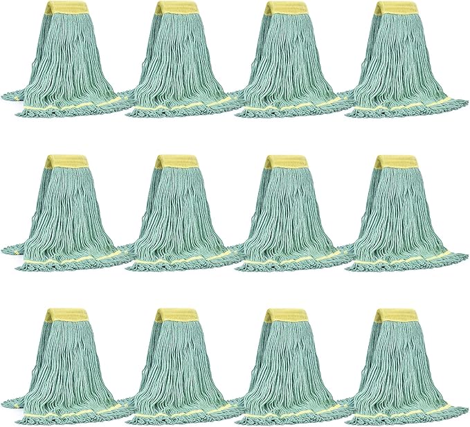 Matthew Cleaning Commercial Mop Head Replacement, 5 Inch Wide Headband, Looped End Cotton Blend String Wet Mops for Floor Cleaning, 24 oz Large, Case Pack 12 Pcs Green