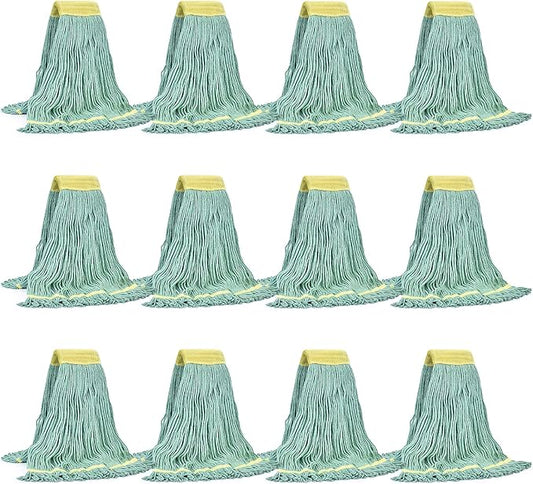 Matthew Cleaning Commercial Mop Head Replacement, 5 Inch Wide Headband, Looped End Cotton Blend String Wet Mops for Floor Cleaning, 24 oz Large, Case Pack 12 Pcs Green