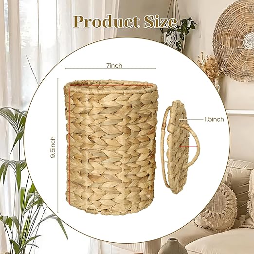 Boho Wicker Trash Can with Lid,Bathroom Trash Can with Trash Bags Hand Woven Water Hyacinth Trash Basket for Kitchen Bedroom Office