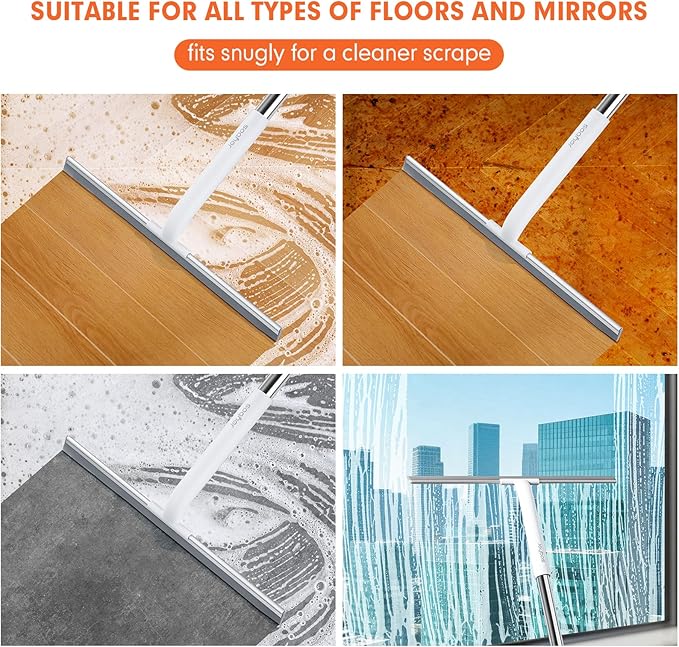 Rubber Floor Squeegee for Smooth Surface Concrete Floor, Tile Floor, Heavy Duty Garage Shower Floor Squeegee Broom for Removing Water, Commercial Scrubber Mop with Adjustable Long Handle